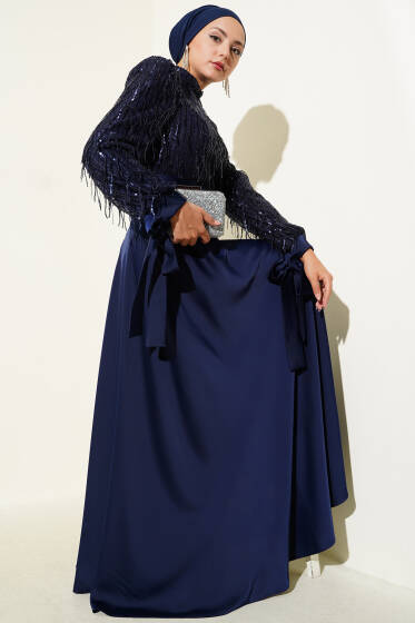 Pul Payet Kolları Bağlamalı Abiye Elbise Lacivert - Elbise