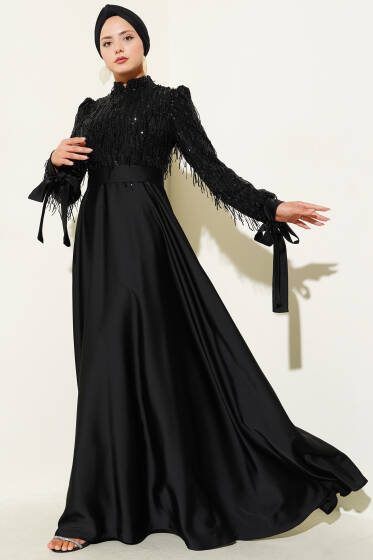 Pul Payet Kolları Bağlamalı Abiye Elbise Siyah - Elbise