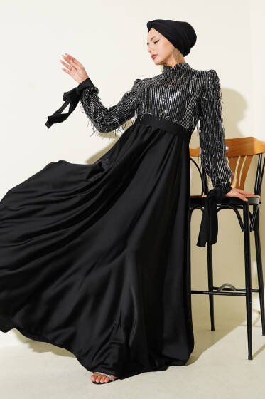 Pul Payet Kolları Bağlamalı Abiye Elbise Siyah Gümüş - Elbise