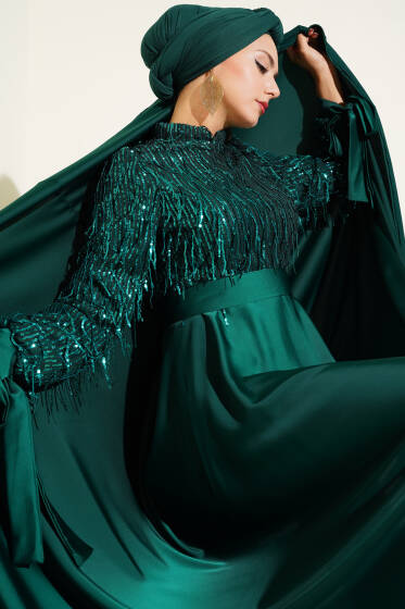 Pul Payet Kolları Bağlamalı Abiye Elbise Yeşil - Elbise