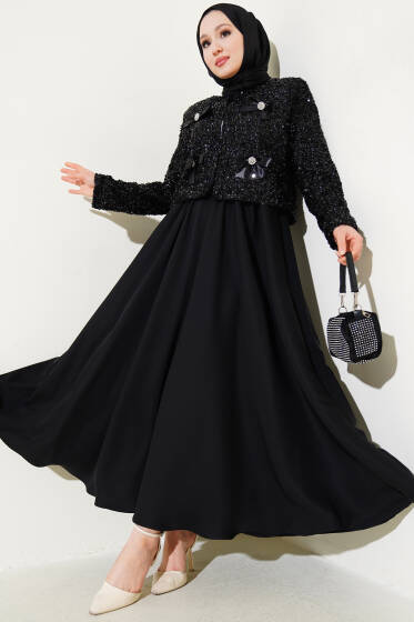 Pul Payet Kurdele Detaylı Etekli Takım Siyah - İkili Takım