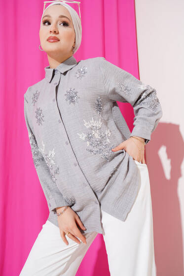 Pul Payet Nakışlı Gömlek Gri - Gömlek