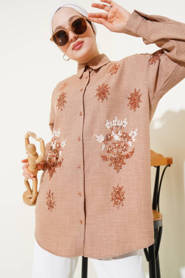 Pul Payet Nakışlı Gömlek Latte - Gömlek