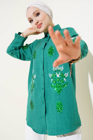 Pul Payet Nakışlı Gömlek Yeşil - Gömlek