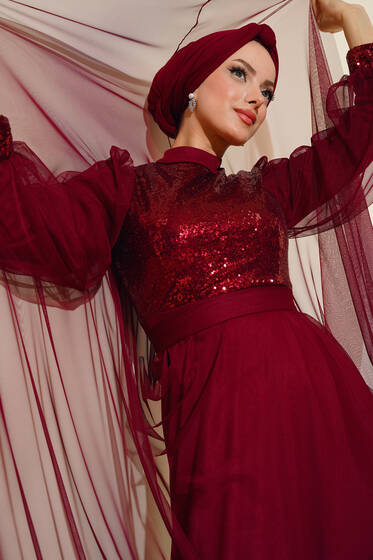 Pul Payet Tül Abiye Elbise Bordo - Tesettür Elbise