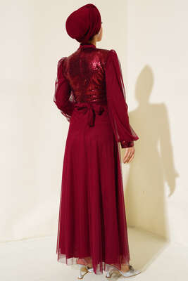 Pul Payet Tül Abiye Elbise Bordo - Tesettür Elbise