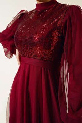 Pul Payet Tül Abiye Elbise Bordo - Tesettür Elbise