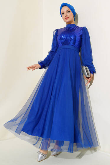 Pul Payet Tül Abiye Elbise Saks - Tesettür Elbise