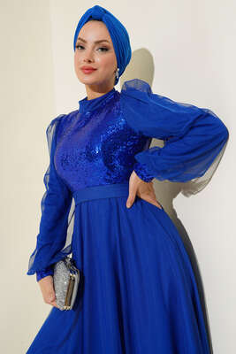 Pul Payet Tül Abiye Elbise Saks - Tesettür Elbise