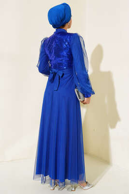 Pul Payet Tül Abiye Elbise Saks - Tesettür Elbise