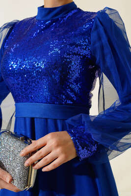 Pul Payet Tül Abiye Elbise Saks - Tesettür Elbise