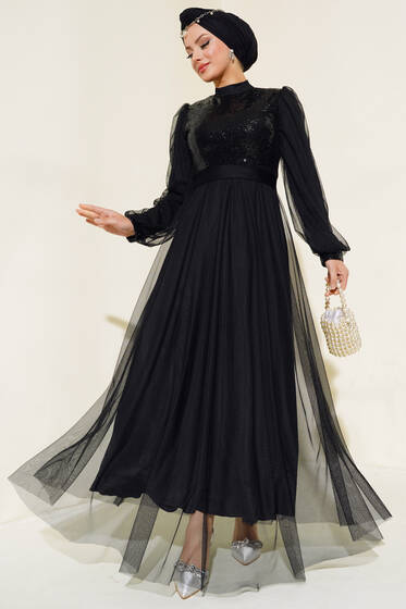 Pul Payet Tül Abiye Elbise Siyah - Elbise