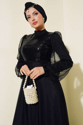 Pul Payet Tül Abiye Elbise Siyah - Tesettür Elbise