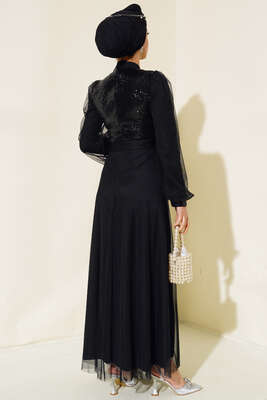 Pul Payet Tül Abiye Elbise Siyah - Tesettür Elbise