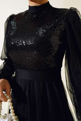 Pul Payet Tül Abiye Elbise Siyah - Tesettür Elbise