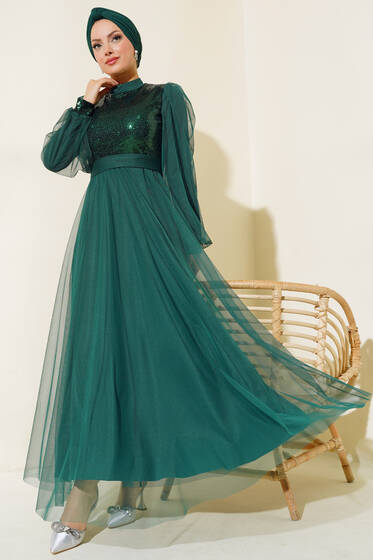 Pul Payet Tül Abiye Elbise Zümrüt Yeşili - Tesettür Elbise
