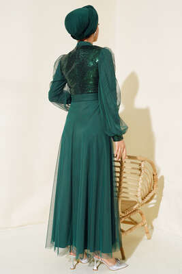 Pul Payet Tül Abiye Elbise Zümrüt Yeşili - Tesettür Elbise