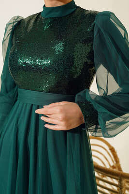 Pul Payet Tül Abiye Elbise Zümrüt Yeşili - Tesettür Elbise