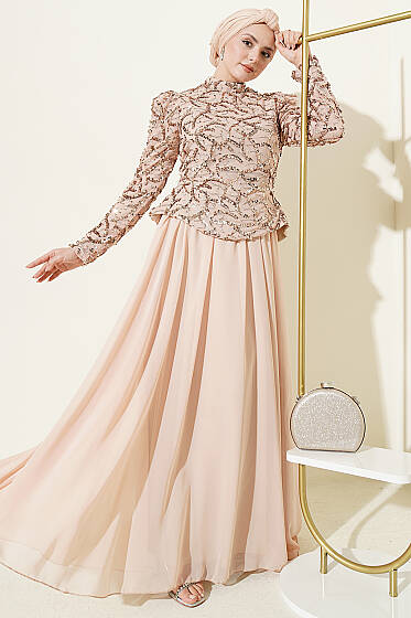 Pul Payet Ve Boncuk İşlemeli Abiye Bej - Abiye Elbise