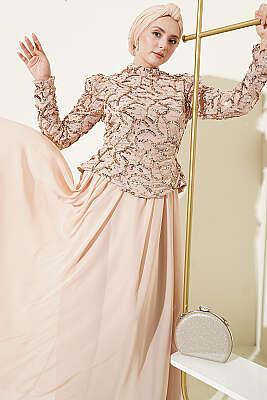 Pul Payet Ve Boncuk İşlemeli Abiye Bej - Abiye Elbise