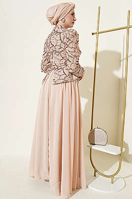 Pul Payet Ve Boncuk İşlemeli Abiye Bej - Abiye Elbise