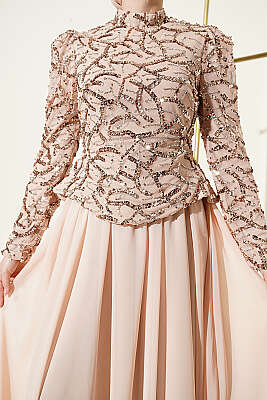 Pul Payet Ve Boncuk İşlemeli Abiye Bej - Abiye Elbise