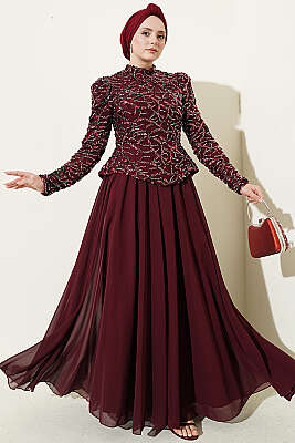 Pul Payet Ve Boncuk İşlemeli Abiye Bordo - Abiye Elbise