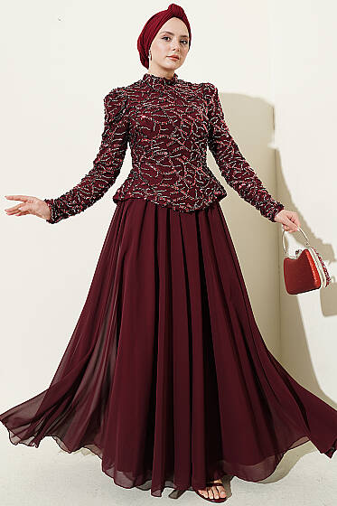 Pul Payet Ve Boncuk İşlemeli Abiye Bordo - Abiye Elbise