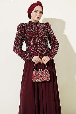 Pul Payet Ve Boncuk İşlemeli Abiye Bordo - Abiye Elbise