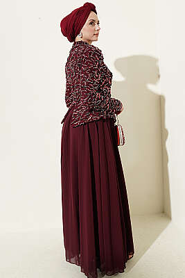 Pul Payet Ve Boncuk İşlemeli Abiye Bordo - Abiye Elbise