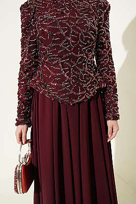 Pul Payet Ve Boncuk İşlemeli Abiye Bordo - Abiye Elbise