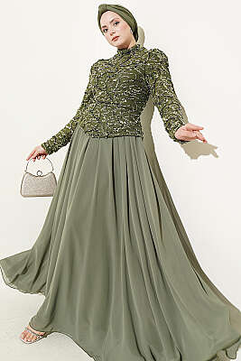 Pul Payet Ve Boncuk İşlemeli Abiye Haki 