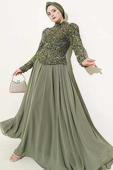 Pul Payet Ve Boncuk İşlemeli Abiye Haki - Abiye Elbise