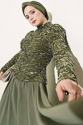 Pul Payet Ve Boncuk İşlemeli Abiye Haki - Abiye Elbise