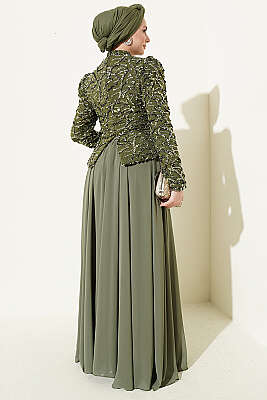 Pul Payet Ve Boncuk İşlemeli Abiye Haki - Abiye Elbise