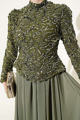 Pul Payet Ve Boncuk İşlemeli Abiye Haki - Abiye Elbise