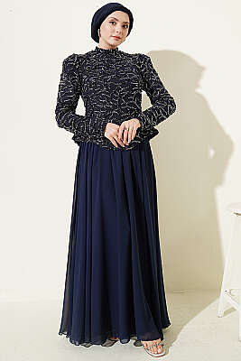 Pul Payet Ve Boncuk İşlemeli Abiye Lacivert - Abiye Elbise