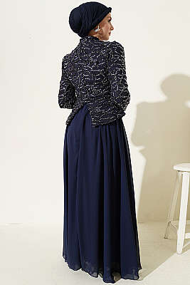 Pul Payet Ve Boncuk İşlemeli Abiye Lacivert - Abiye Elbise