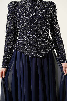 Pul Payet Ve Boncuk İşlemeli Abiye Lacivert - Abiye Elbise