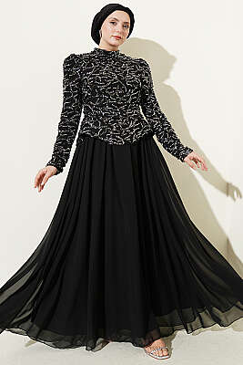 Pul Payet Ve Boncuk İşlemeli Abiye Siyah 