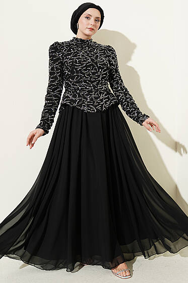 Pul Payet Ve Boncuk İşlemeli Abiye Siyah - Abiye Elbise