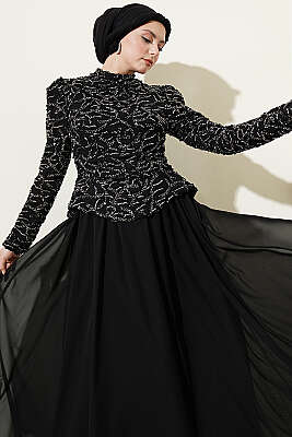 Pul Payet Ve Boncuk İşlemeli Abiye Siyah - Abiye Elbise