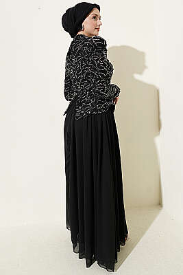 Pul Payet Ve Boncuk İşlemeli Abiye Siyah - Abiye Elbise