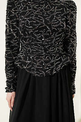 Pul Payet Ve Boncuk İşlemeli Abiye Siyah - Abiye Elbise