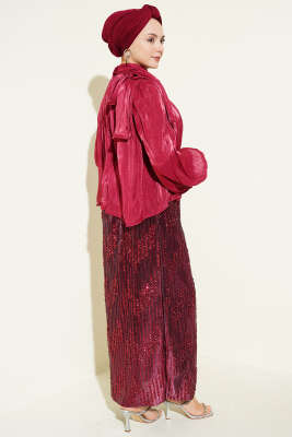 Pul Payetli Etekli Abiye İkili Takım Bordo - Elbise