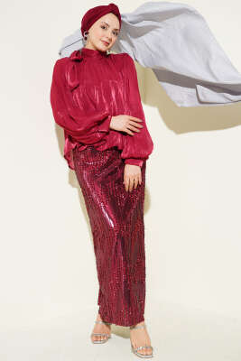 Pul Payetli Etekli Abiye İkili Takım Bordo - CNR TEKSTİL