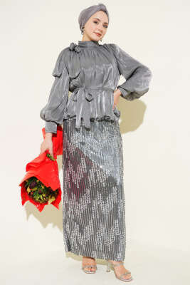 Pul Payetli Etekli Abiye İkili Takım Gri - CNR TEKSTİL