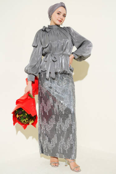 Pul Payetli Etekli Abiye İkili Takım Gri - İkili Takım