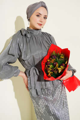 Pul Payetli Etekli Abiye İkili Takım Gri - İkili Takım