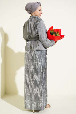 Pul Payetli Etekli Abiye İkili Takım Gri - İkili Takım